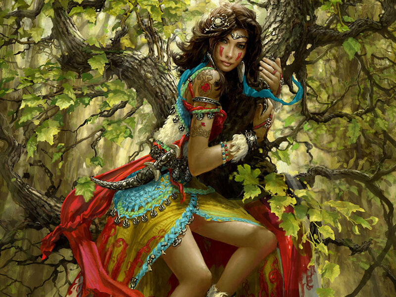 Woman in forest with tattoos