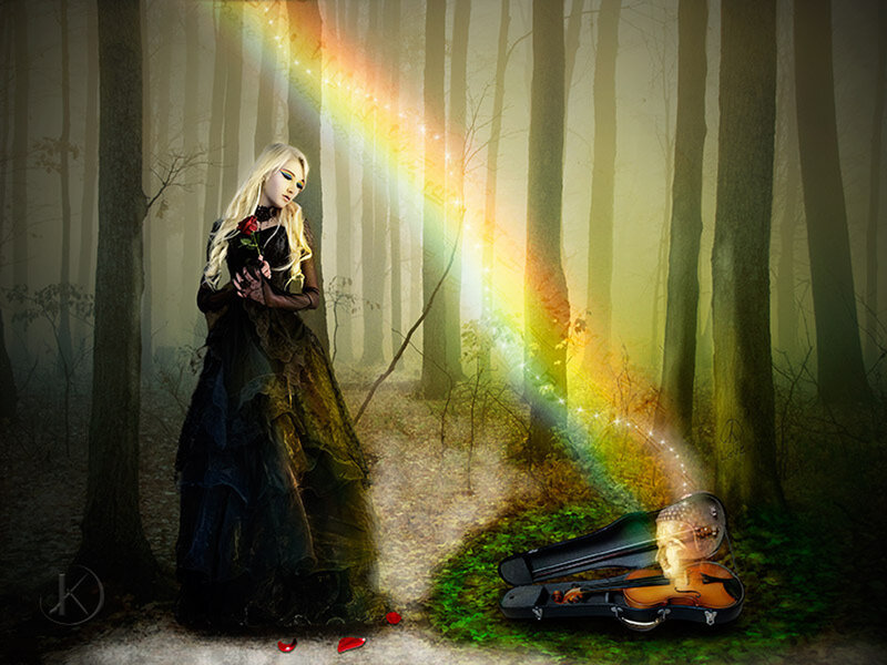 Woman in Forest with Violin — Green
