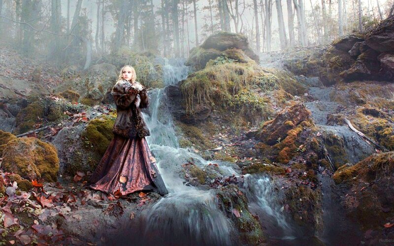 Woman in Forest with Waterfall — Green