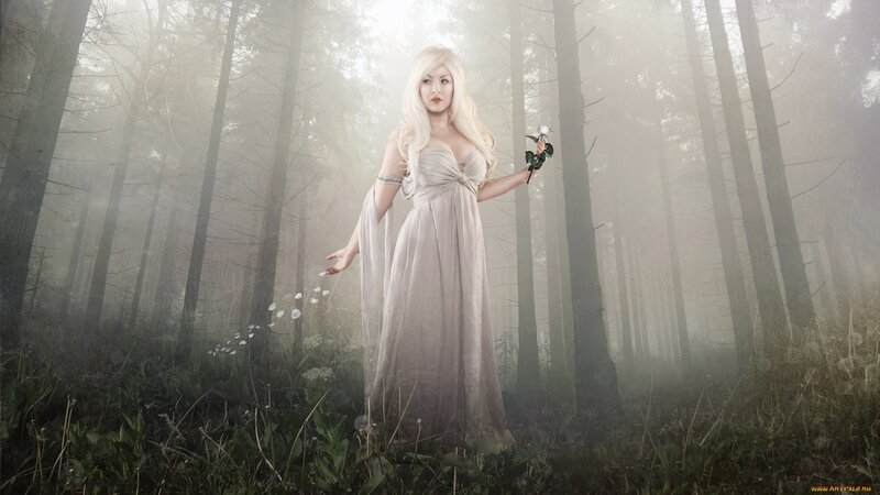 woman in forest with white rose