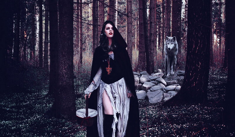 Woman in Forest with Wolf — Black