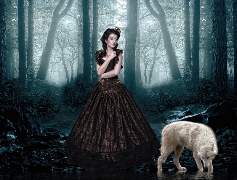 Woman in Forest with Wolf — Brown