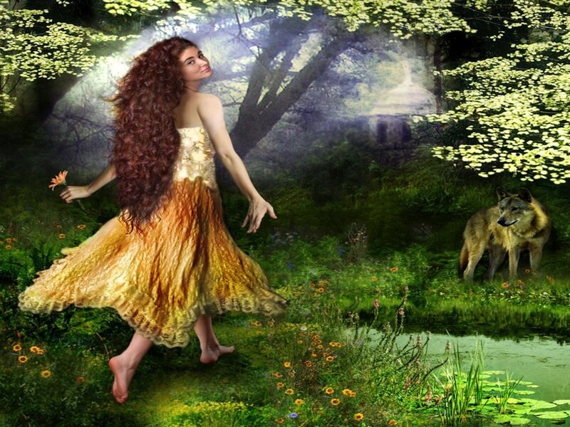 Woman in Forest with Wolf — Green