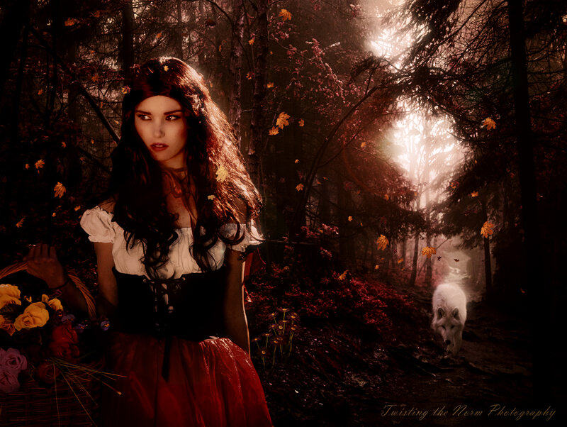 Woman in Forest with Wolf — Red