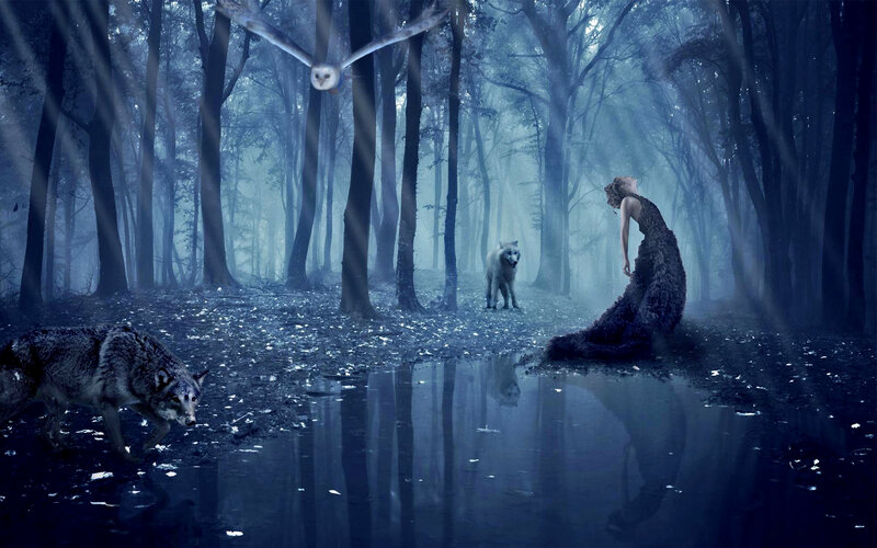 Woman in Forest with Wolves — Blue, Mystical, Night