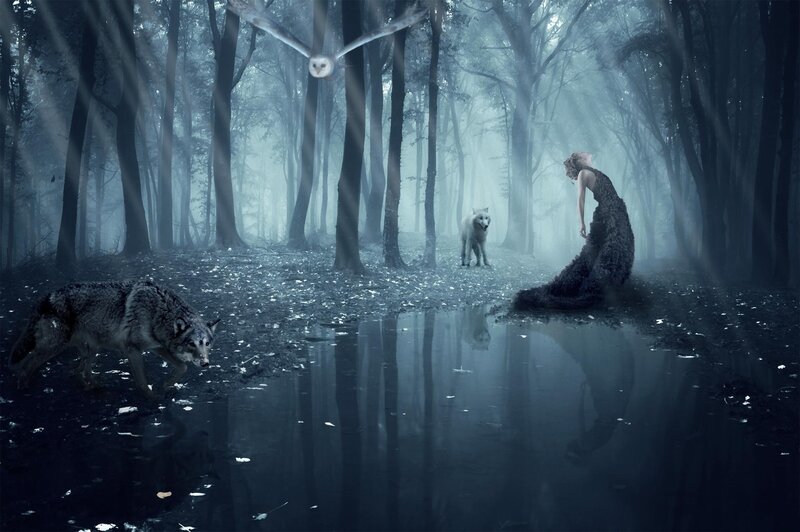 Woman in Forest with Wolves — Blue, Mystical
