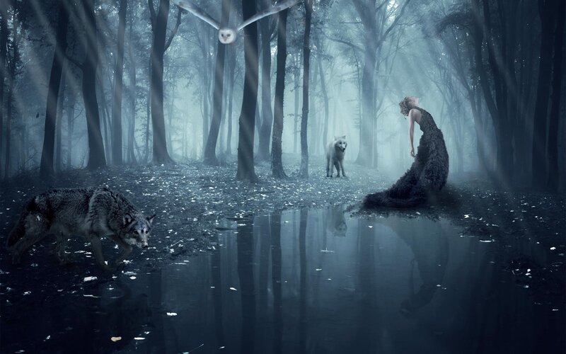 Woman in Forest with Wolves — Blue