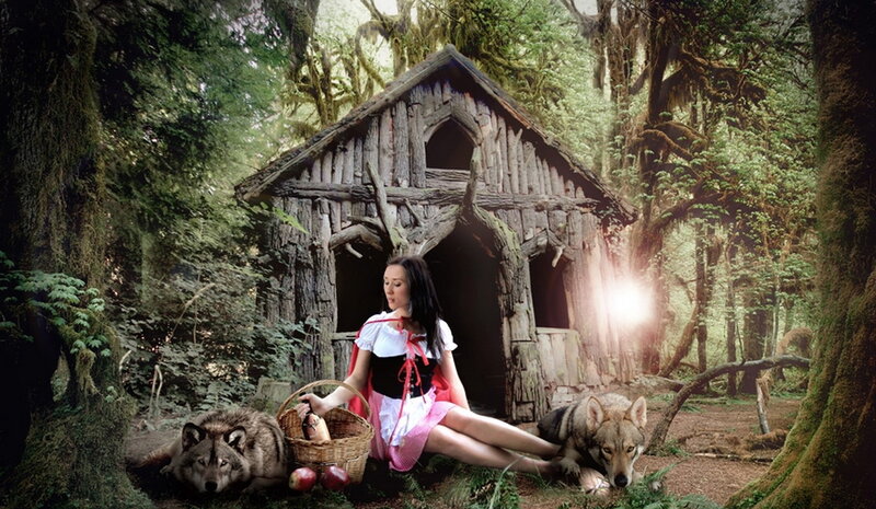 Woman in Forest with Wolves