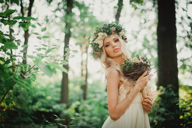 Woman in Forest with Wreath
