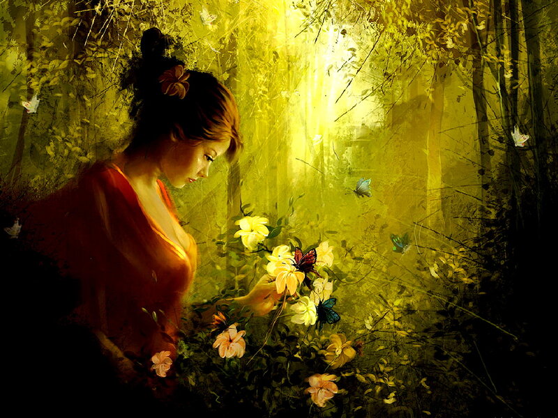 Woman in Forest — Yellow, Serene