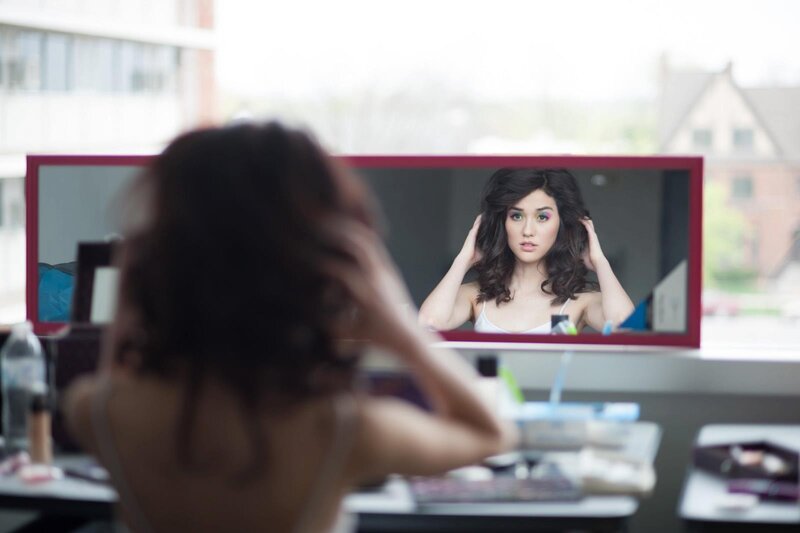 Woman in Front of Mirror — White, Calm, Morning
