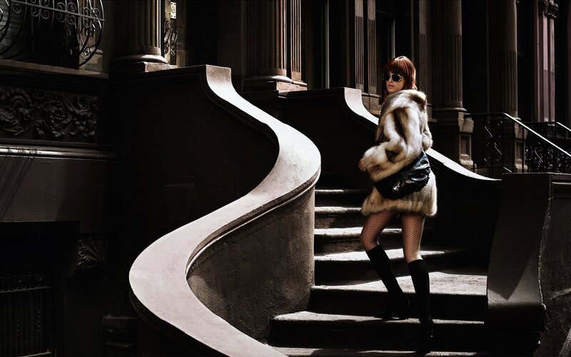 Woman in Fur Coat — Black, Dramatic, Afternoon, Photograph, Stairs