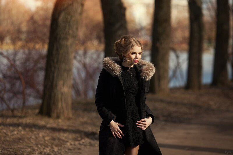Woman in Fur Coat — Black, Dramatic, Autumn, Photograph, Trees