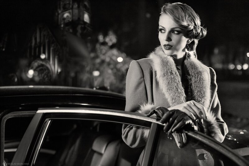 Woman in Fur Coat — Black, Dramatic, Night, Photograph, Car