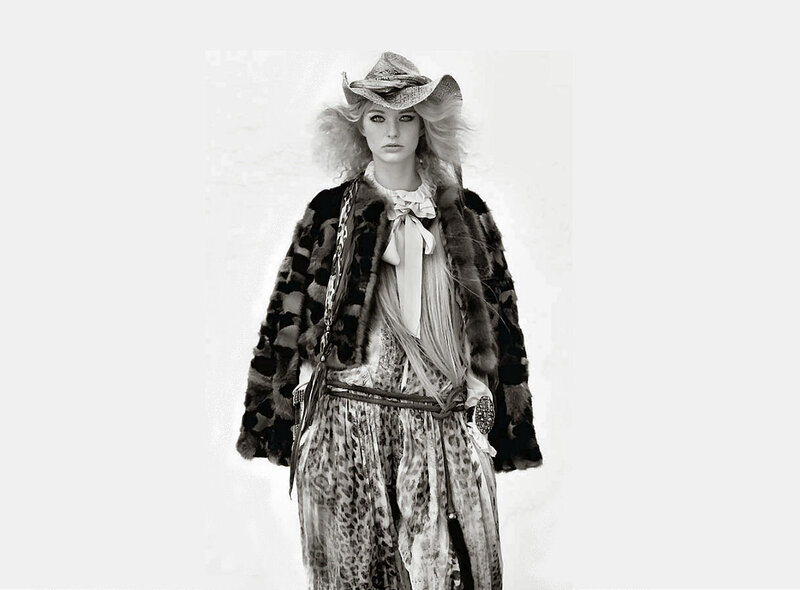 Woman in Fur Coat — Black, Dramatic, Photograph, Cowboy Hat