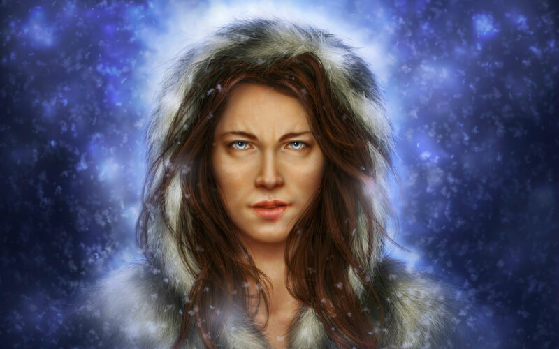 Woman in Fur Coat — Blue, Cold, Winter, Digital Art, Snow