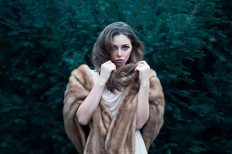 Woman in Fur Coat — Brown, Dramatic, Photograph, Fur Coat, Trees
