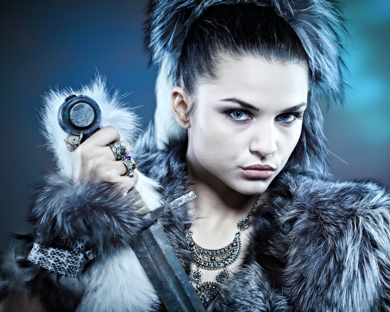 Woman in Fur Coat — Gray, Dramatic, Photograph, Sword