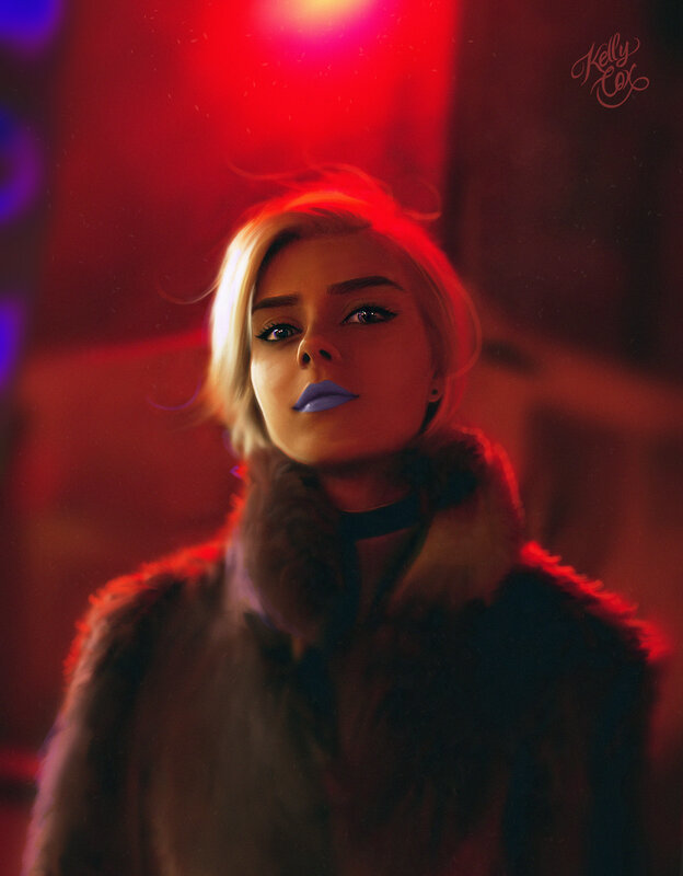 Woman in Fur Coat — Red, Dramatic, Night, Digital Art