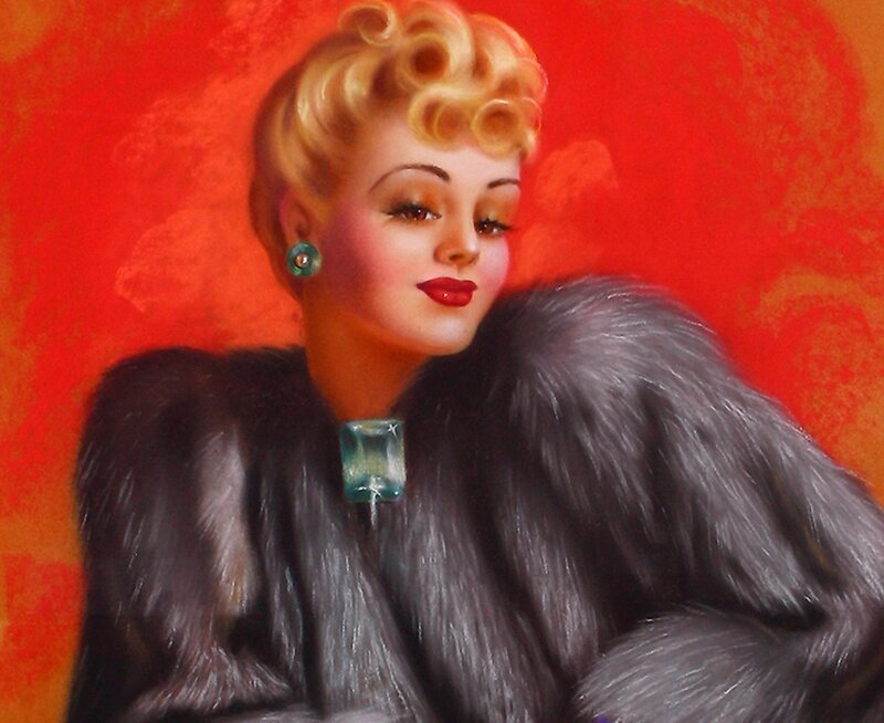 Woman in Fur Coat — Red, Dramatic, Painting