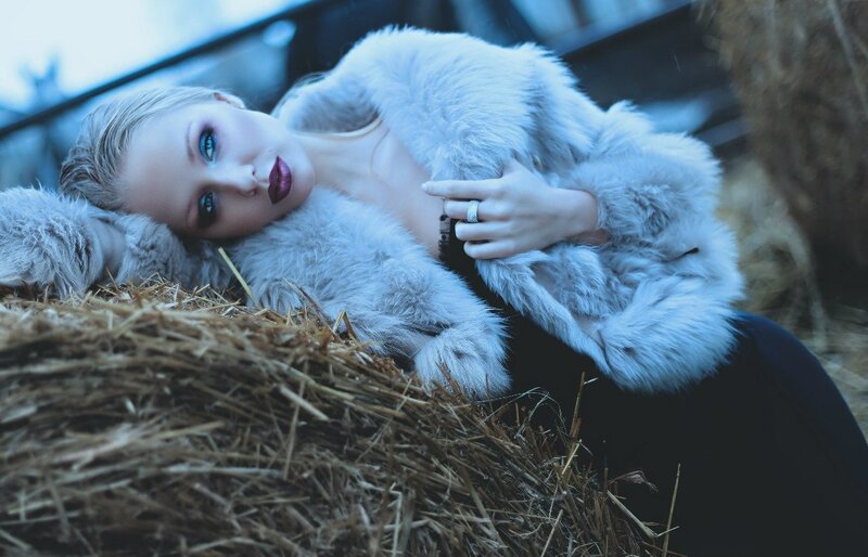 Woman in Fur Coat — White, Dramatic, Winter, Photograph, Hay Bale