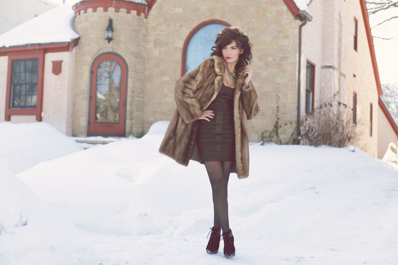 Woman in Fur Coat — White, Dramatic, Winter, Photograph, Snow, Building
