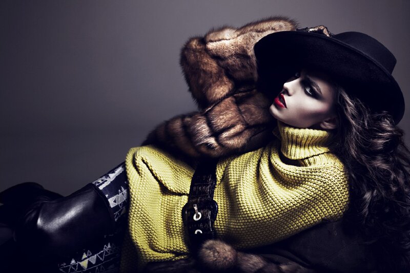 Woman in Fur Coat — Yellow, Dramatic, Photograph