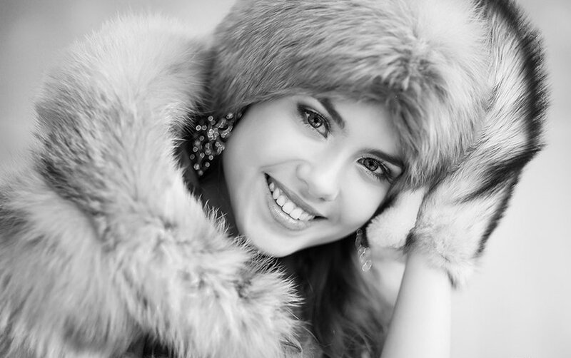 Woman in Fur Hat — Black, Smiling