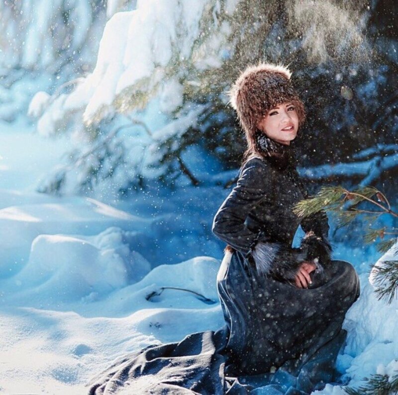 Woman in Fur Hat — Blue, Cold, Winter, Photograph, Snow