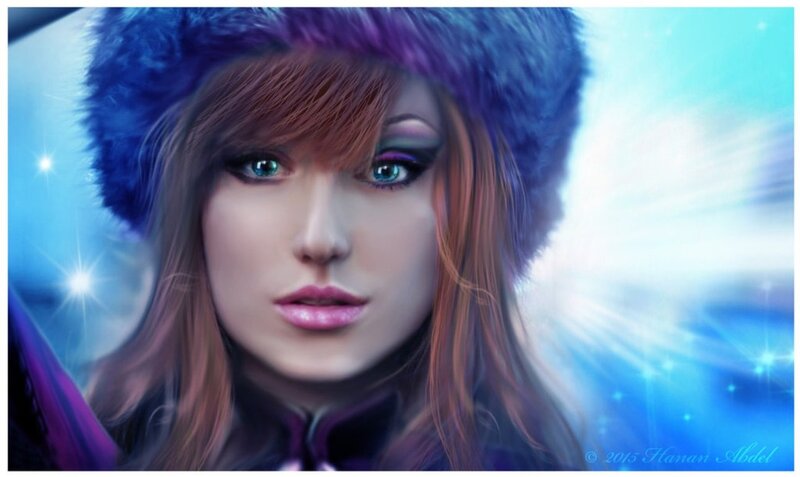 Woman in Fur Hat — Blue, Dramatic, Digital Art