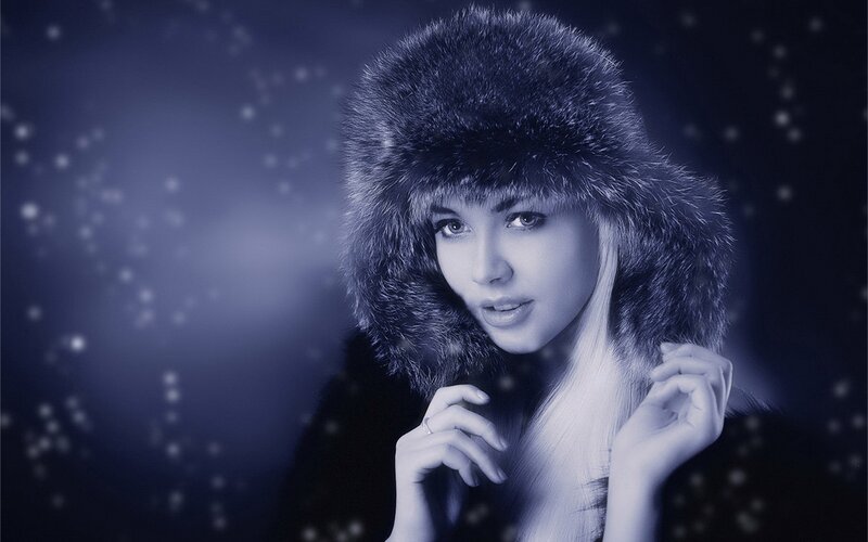 Woman in Fur Hat — Blue, Dramatic, Winter, Photograph, Fur Hat, Snow