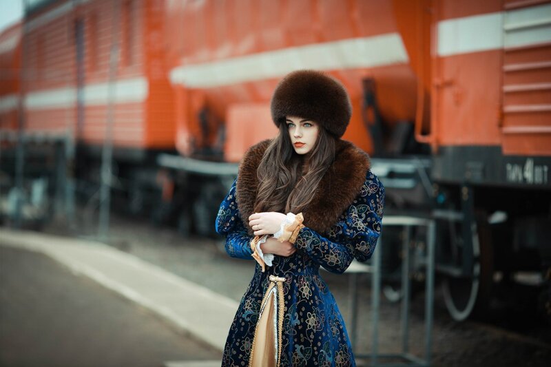 Woman in Fur Hat — Blue, Dramatic, Winter, Photograph, Train