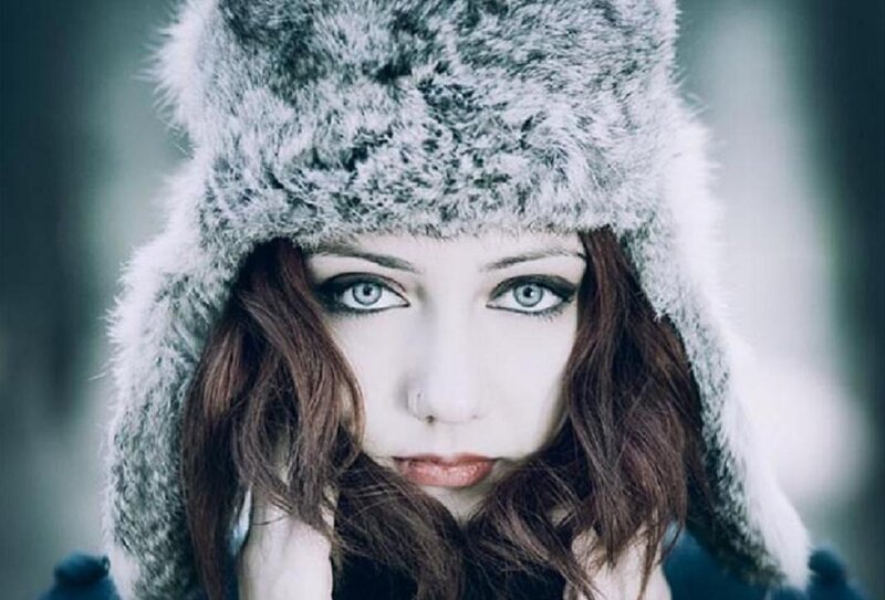 Woman in Fur Hat — Gray, Serious