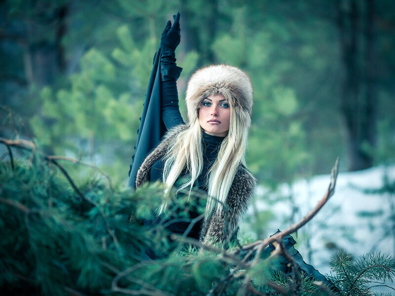 Woman in Fur Hat — Green, Dramatic, Winter