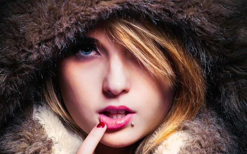 Woman in Fur Hood — Brown, Dramatic, Photograph, Lip Piercing