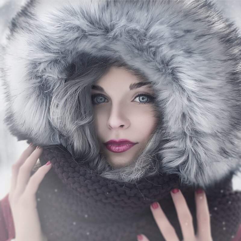 Woman in Fur Hood — Gray, Cold, Winter