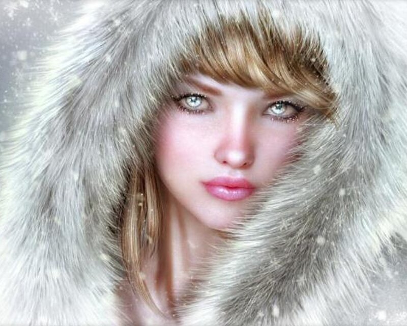 Woman in Fur Hood — White, Cold, Winter, Digital Art
