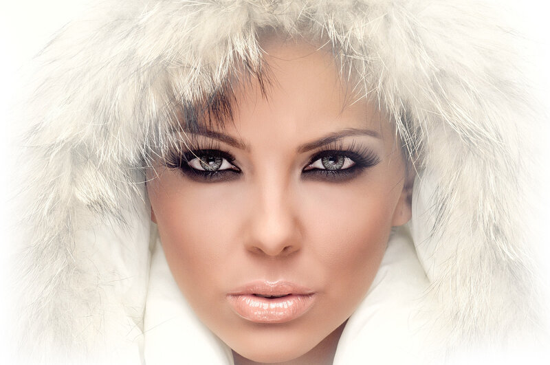 Woman in Fur Hood — White, Dramatic