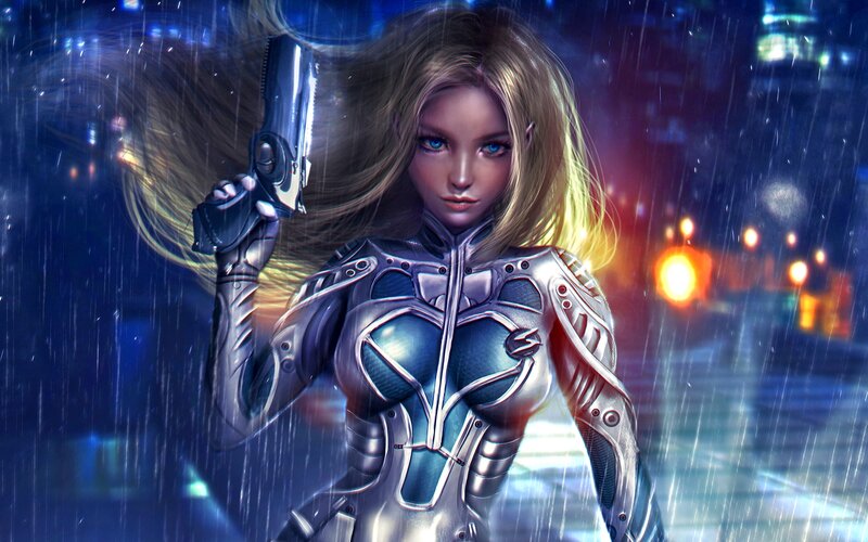 Woman in Futuristic Armor — Blue, Dramatic, Night, Digital Art, Gun, Rain
