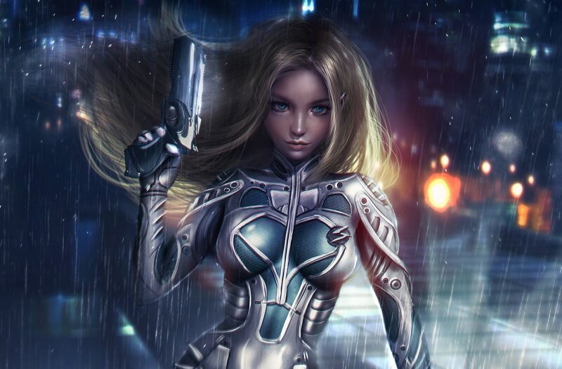 Woman in Futuristic Armor — Blue, Dramatic, Night, Digital Art, Gun