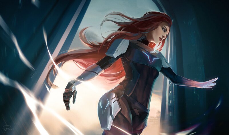 Woman in Futuristic Armor — Blue, Dramatic, Sunset