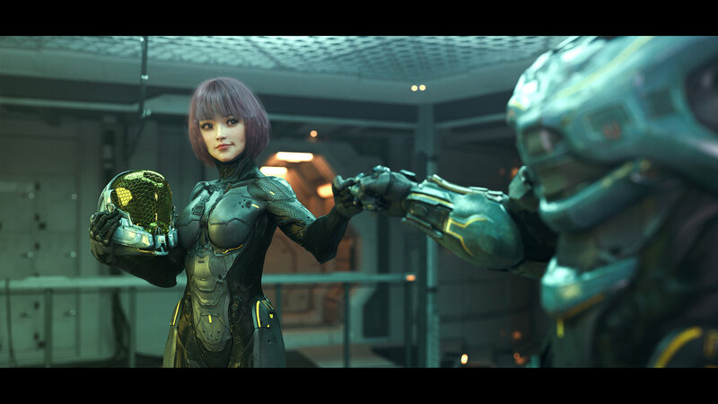 Woman in Futuristic Armor — Green, Dramatic, 3d Render