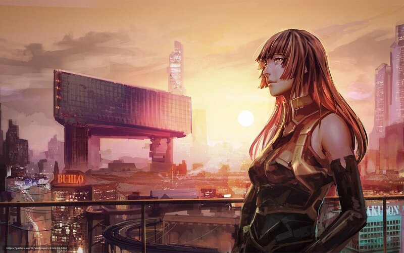 Woman in Futuristic Armor — Orange, Dramatic, Sunset, Digital Art, Cityscape, Skyscraper