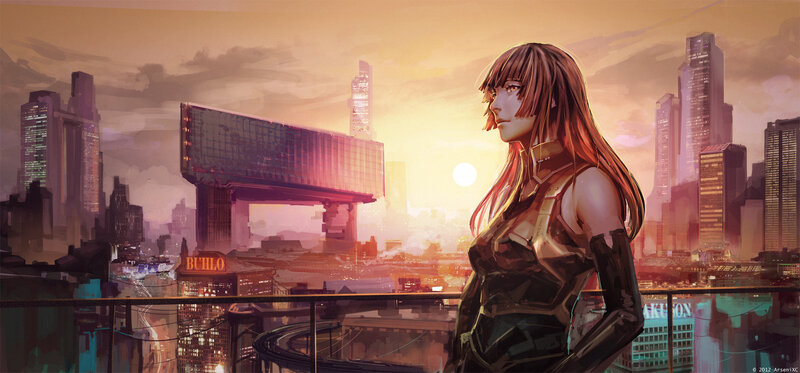 Woman in Futuristic Armor — Orange, Dramatic, Sunset