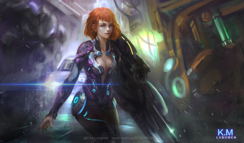 Woman in Futuristic Armor — Purple, Dramatic, Digital Art, Sci-fi Setting
