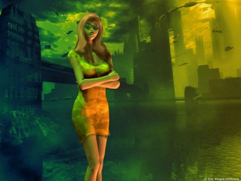 woman in futuristic city