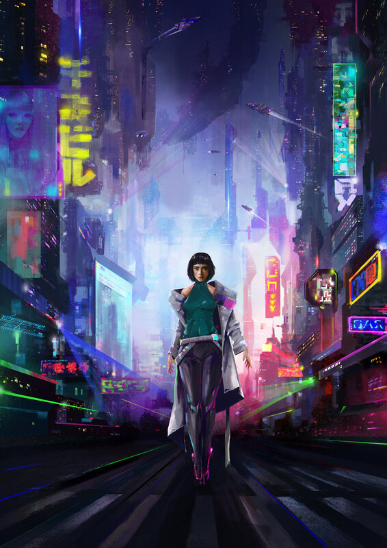 Woman in Futuristic City — Purple