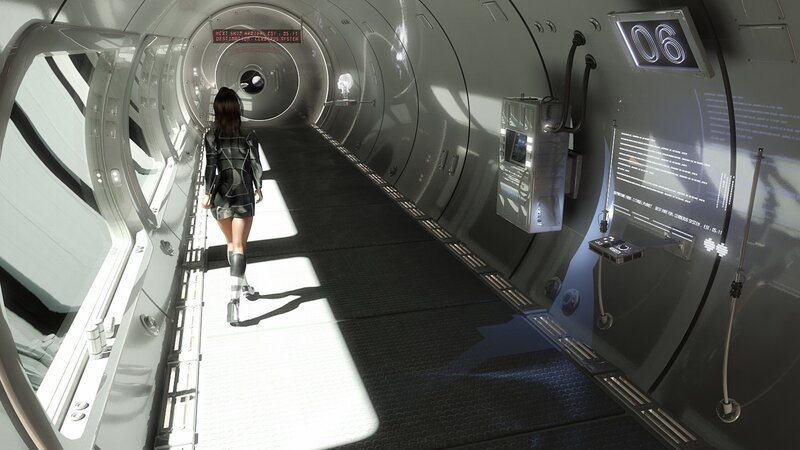 Woman in Futuristic Corridor — Gray, Dramatic