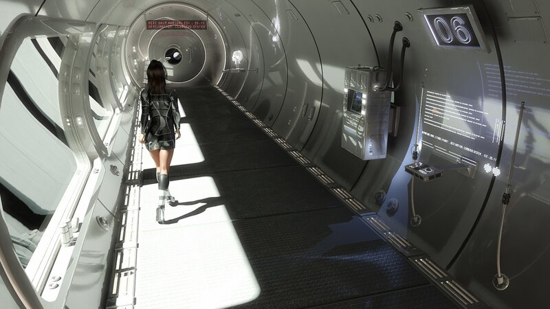 Woman in Futuristic Corridor — Gray