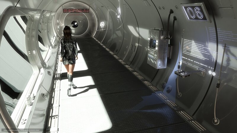 woman in futuristic corridor